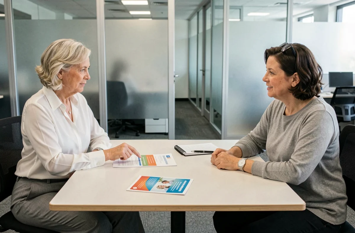 Consultation entre une aide-soignante et un conseiller retraite pour carrière longue en France