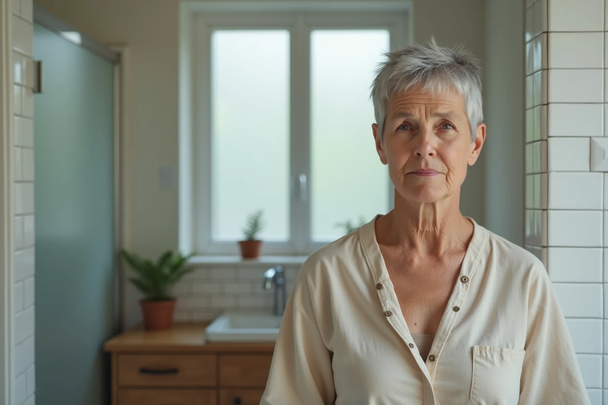 Femme de 70 ans avec une coupe très courte aplatie manquant de volume et durcissant les traits devant un miroir de salle de bain