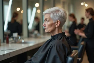 Femme âgée en salon de coiffure avec une coupe courte trop sévère qui durcit les traits du visage
