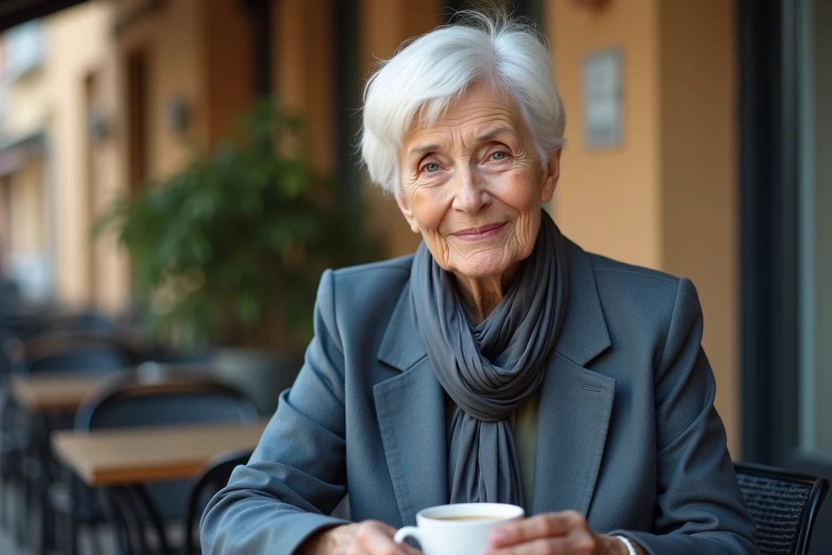 Femme senior en terrasse de café avec une coupe courte géométrique trop stricte accentuant les rides et durcissant le visage
