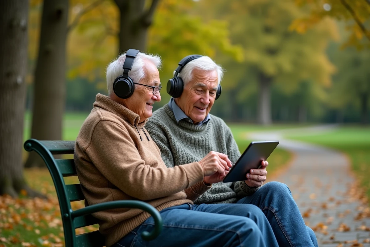 Couple retraité partageant des écouteurs dans un parc en automne