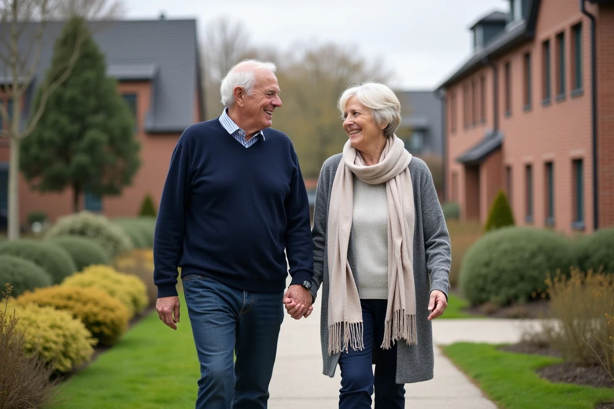 Couple retraité se promenant dans un jardin moderne
