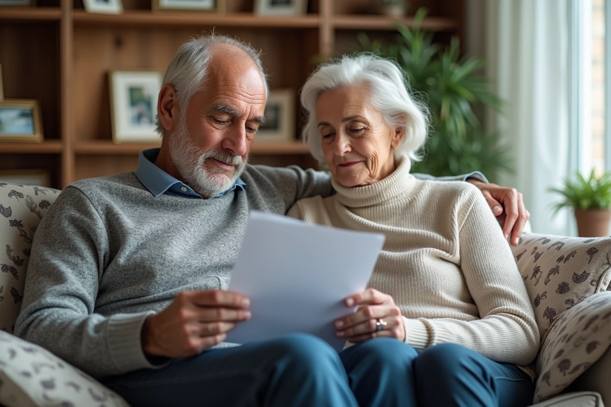 Couple de retraités examinant ensemble leurs relevés de pension Agirc-Arrco et retraite de base dans leur salon