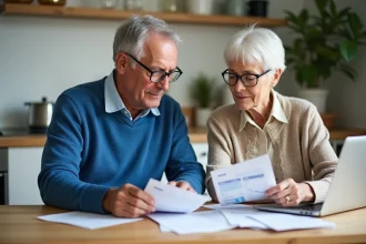 Couple retraité en cuisine examinant des documents