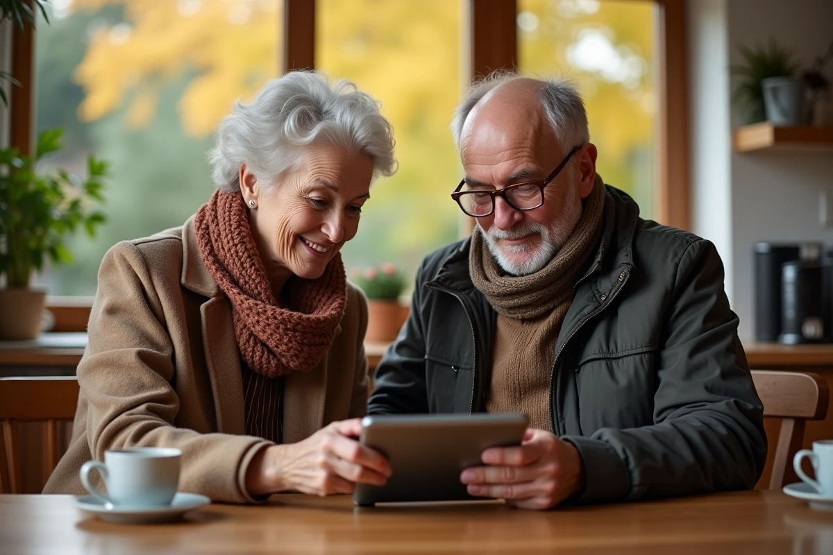 Couple senior regardant une tablette à la maison