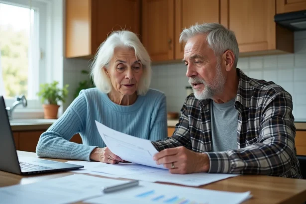 Couple de retraités analysant leurs relevés de retraite Agirc-Arrco à la table de cuisine pour anticiper la revalorisation 2026