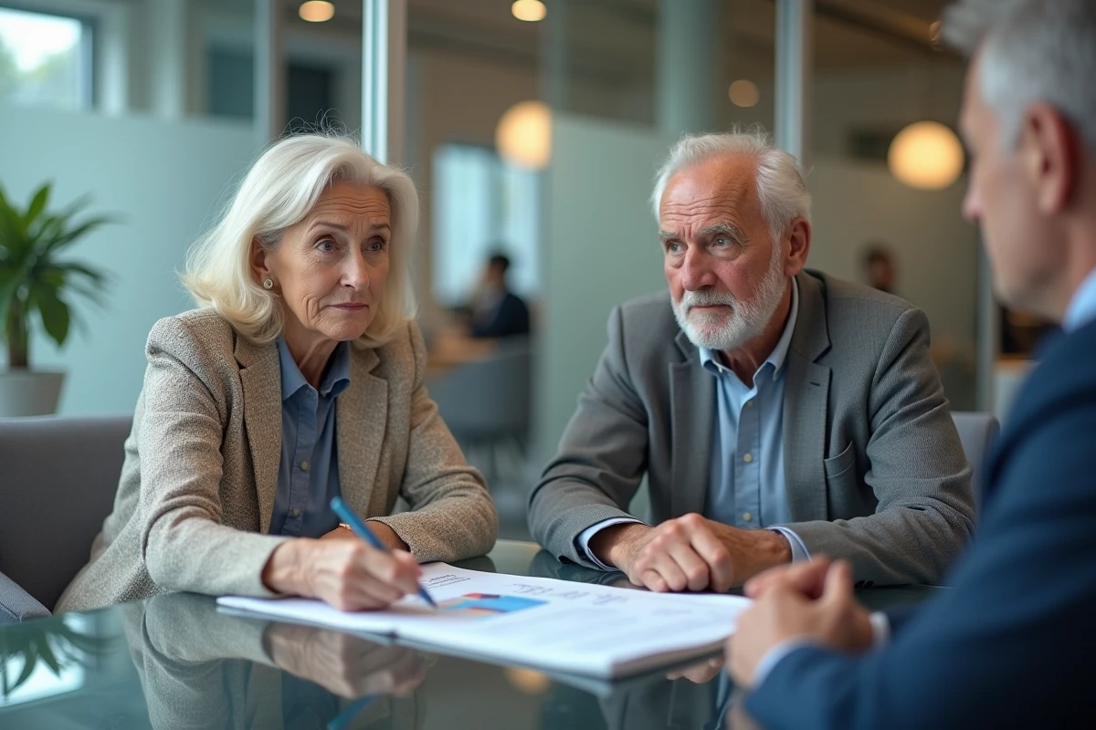 Couple de retraités en réunion avec un conseiller financier pour anticiper la nouvelle taxe retraites 2026