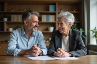 Couple de retraités discutant documents à la maison