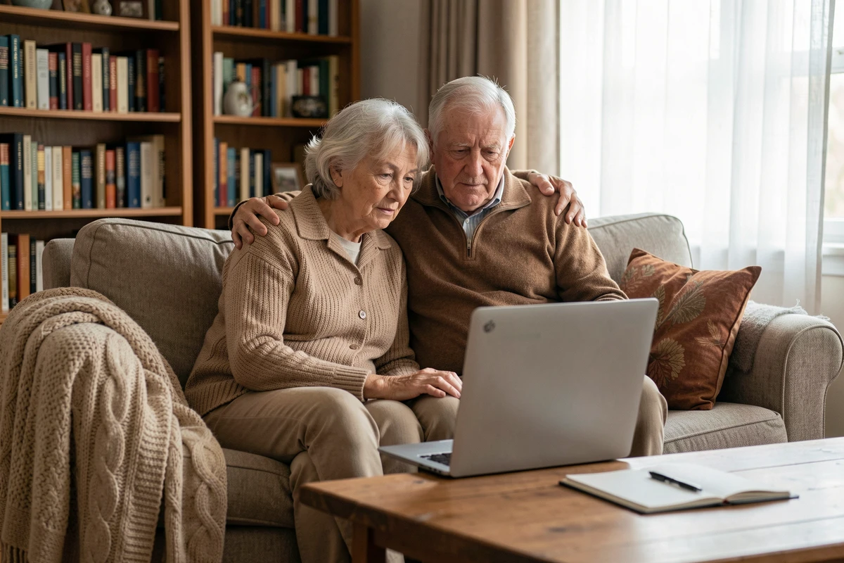 Couple de retraités consultant un simulateur de pension de réversion sur un ordinateur portable à domicile