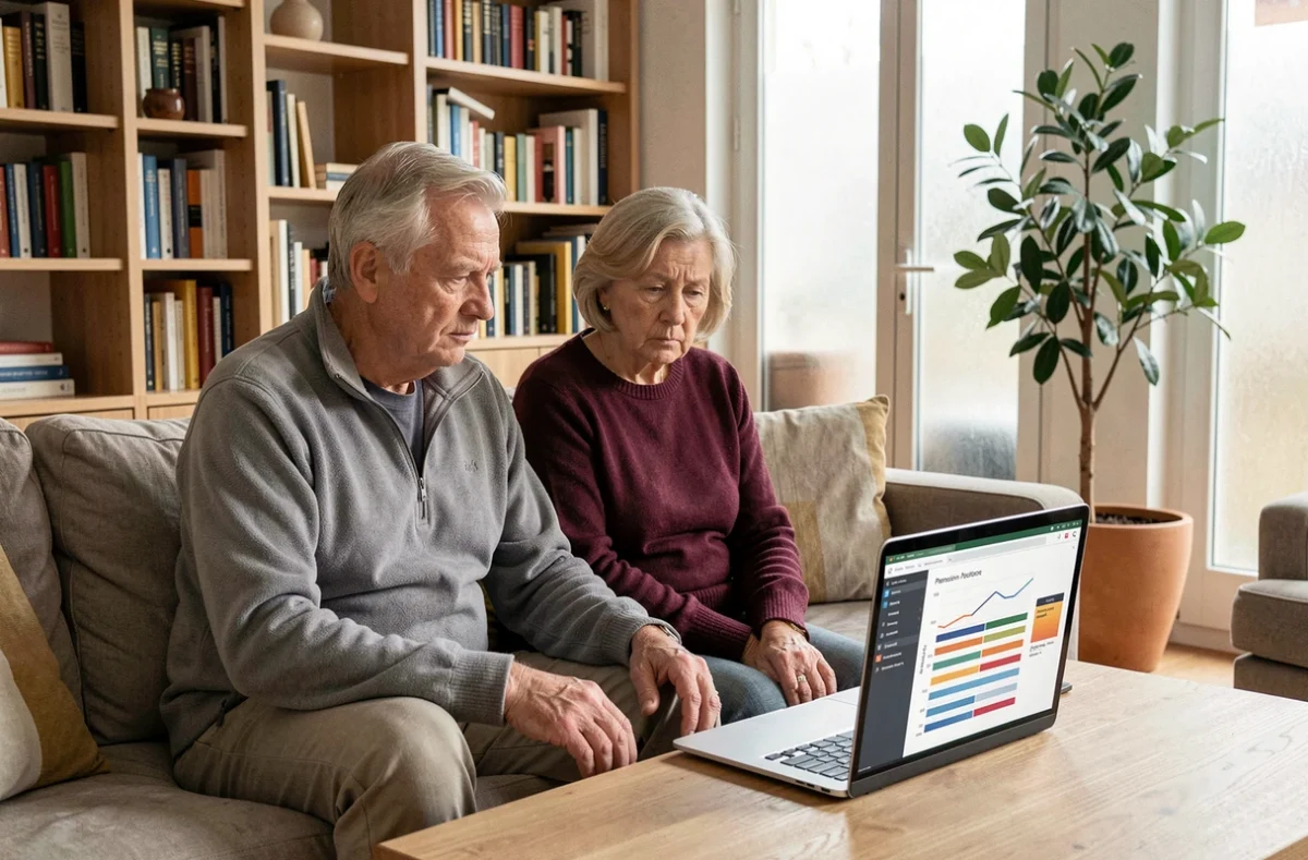 Couple de retraités consultant une simulation de retraite complémentaire sur ordinateur
