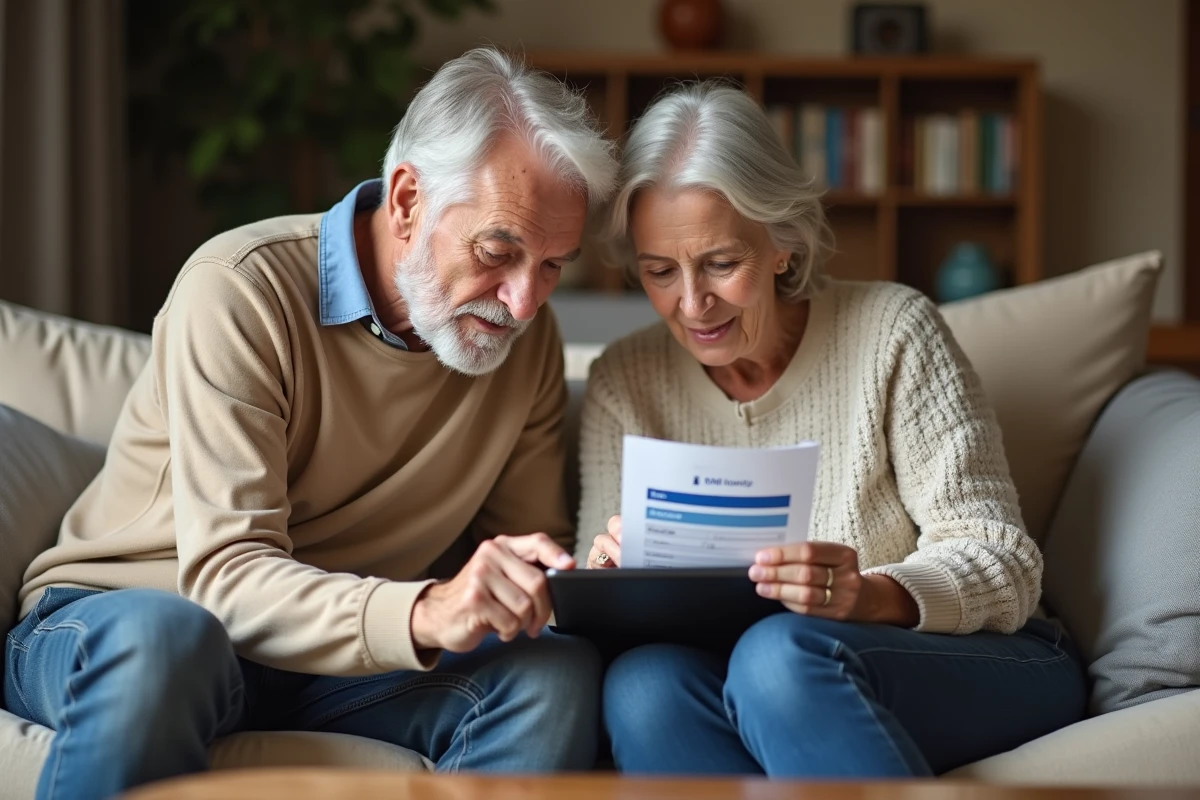 Couple de retraités SNCF consultant ensemble l'espace famille en ligne sur une tablette numérique