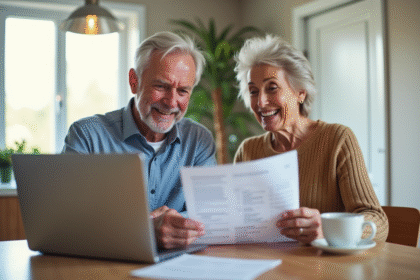Couple senior souriant lisant des documents à la maison