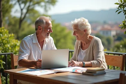 Couple retraité souriant discutant de voyages en extérieur