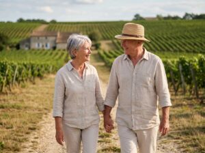 Couple retraité dans un vignoble de Bordeaux en été