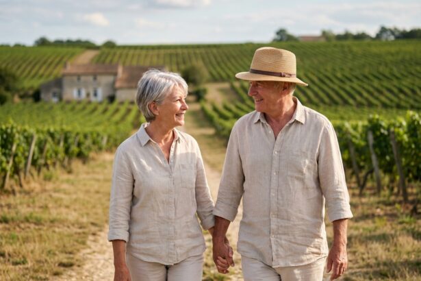 Couple retraité dans un vignoble de Bordeaux en été
