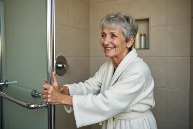 Femme âgée souriante dans la douche avec barre d'appui