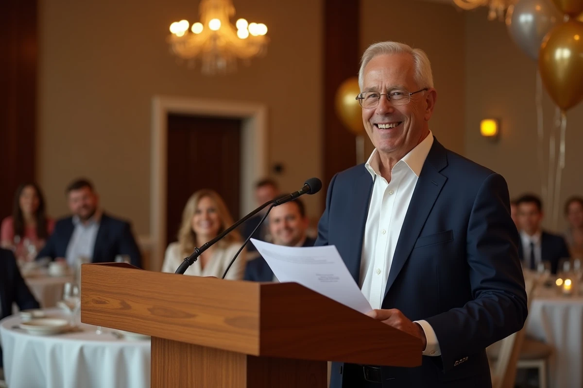Homme souriant prononçant un discours humoristique lors d'une fête de départ en retraite en salle