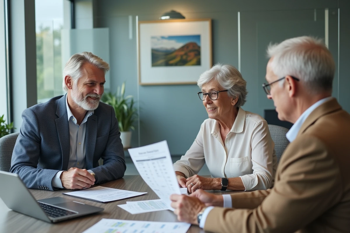 Famille discutant des tarifs d'un établissement pour seniors avec un conseiller lors d'une réunion d'information