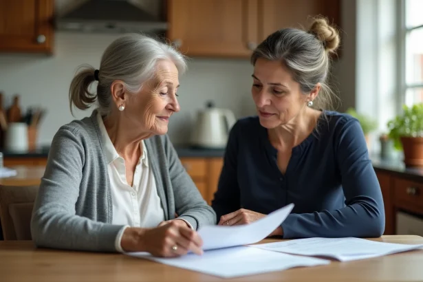 Grand-mère et sa fille adulte passant en revue des documents de transmission de patrimoine autour d'une table de cuisine en bois
