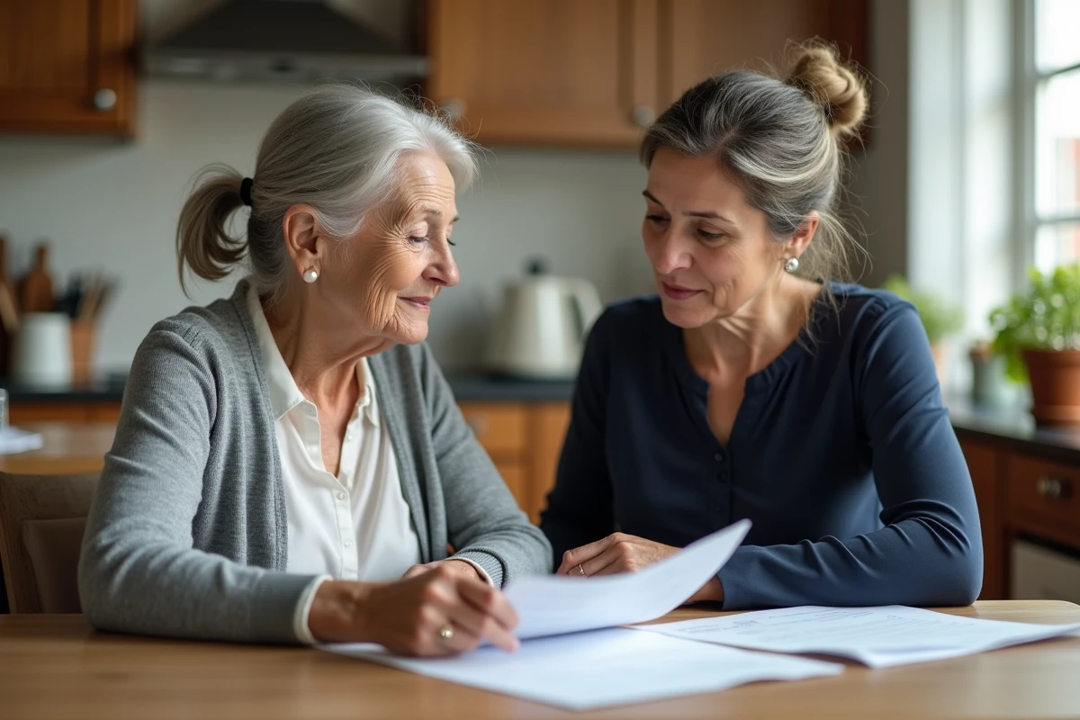 Grand-mère et sa fille adulte passant en revue des documents de transmission de patrimoine autour d'une table de cuisine en bois