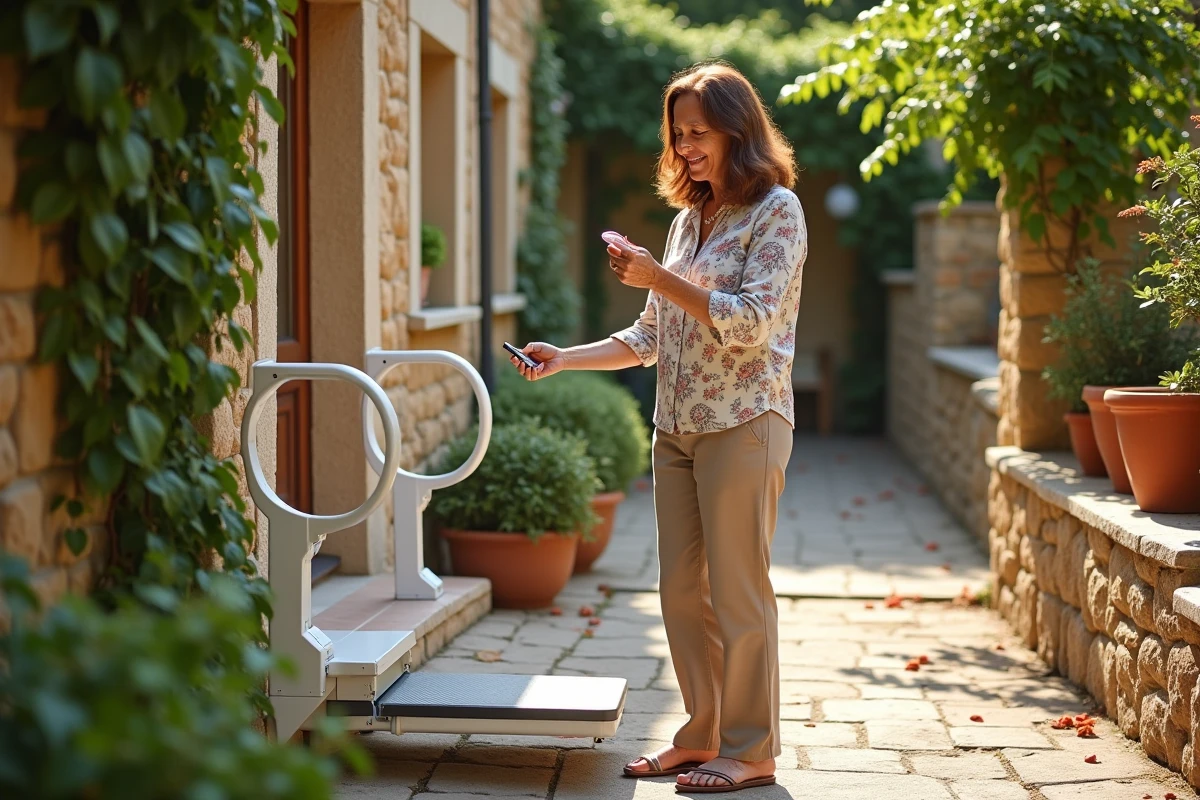 Élévateur incliné discret installé sur les marches extérieures en pierre d'une maison de campagne française