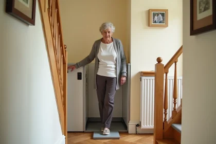 Élévateur PMR vertical compact installé dans un couloir de maison individuelle, utilisé par une femme âgée