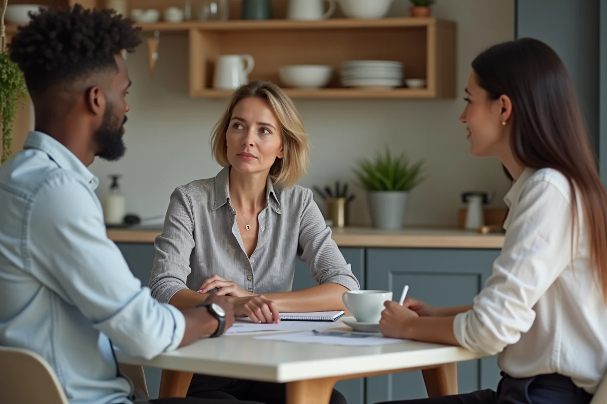 Entretien entre parents et candidate nounou autour d'une table de cuisine moderne