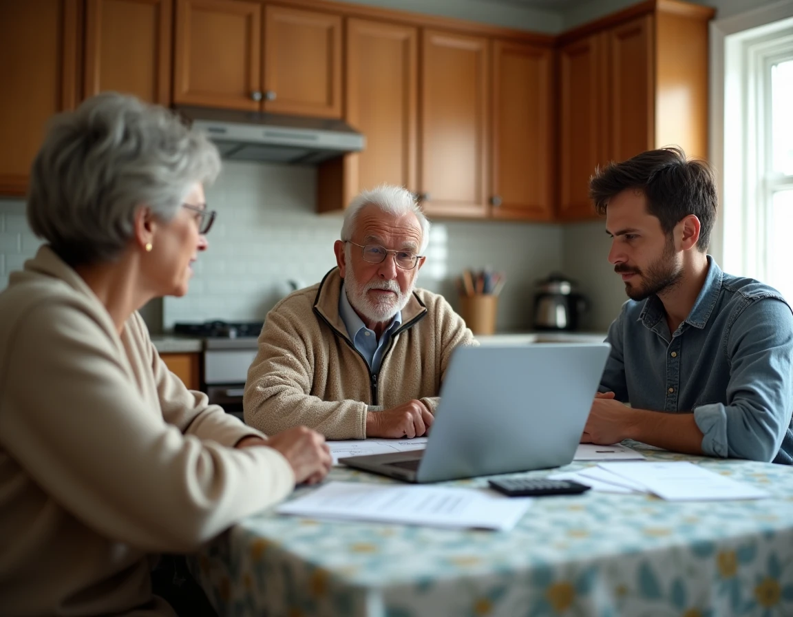 Une famille discute autour d'une table du calcul des frais de maison de retraite et des aides disponibles pour les descendants