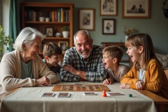 Famille intergénérationnelle jouant à un jeu de société autour d'une table en bois, grand-mère et petits-enfants complices et souriants