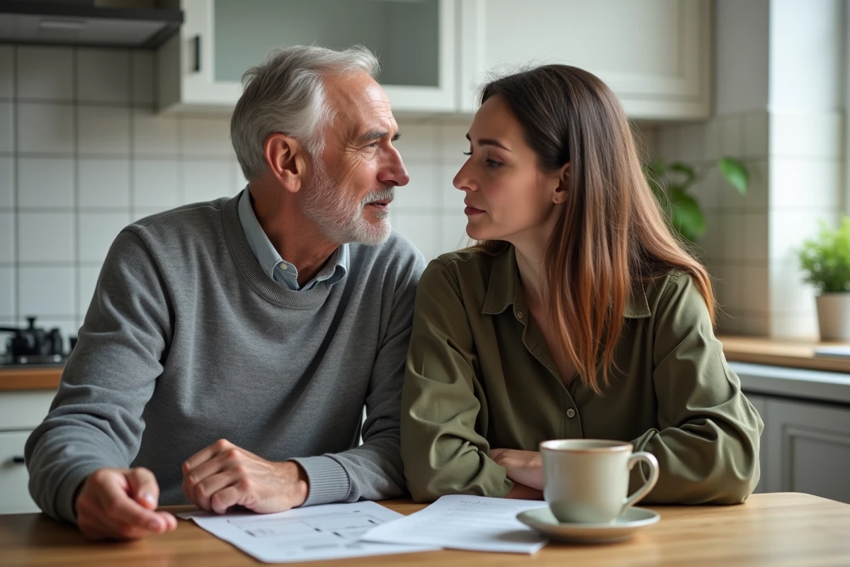 Famille discutant des signes de fin de vie autour d'une table, soutien émotionnel et information médicale