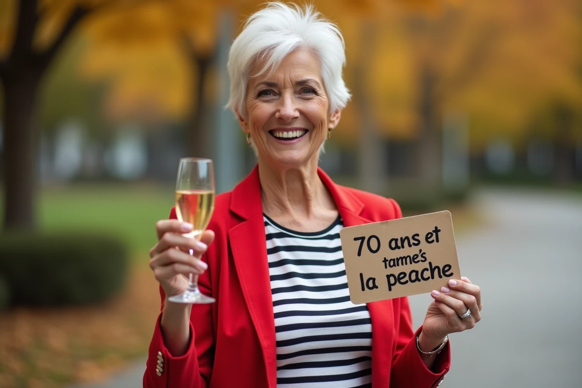 Femme dynamique de 70 ans en blazer rouge tenant un message d'anniversaire humoristique dans un parc