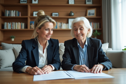 Femme d'affaires et mère examinant des papiers dans un salon lumineux