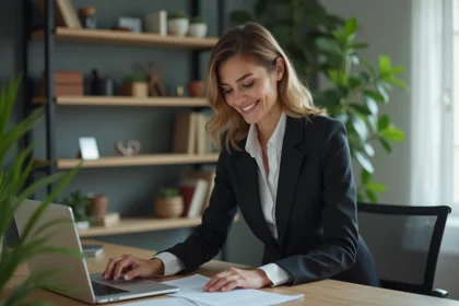 Femme d'affaires fermant son ordinateur dans un bureau moderne