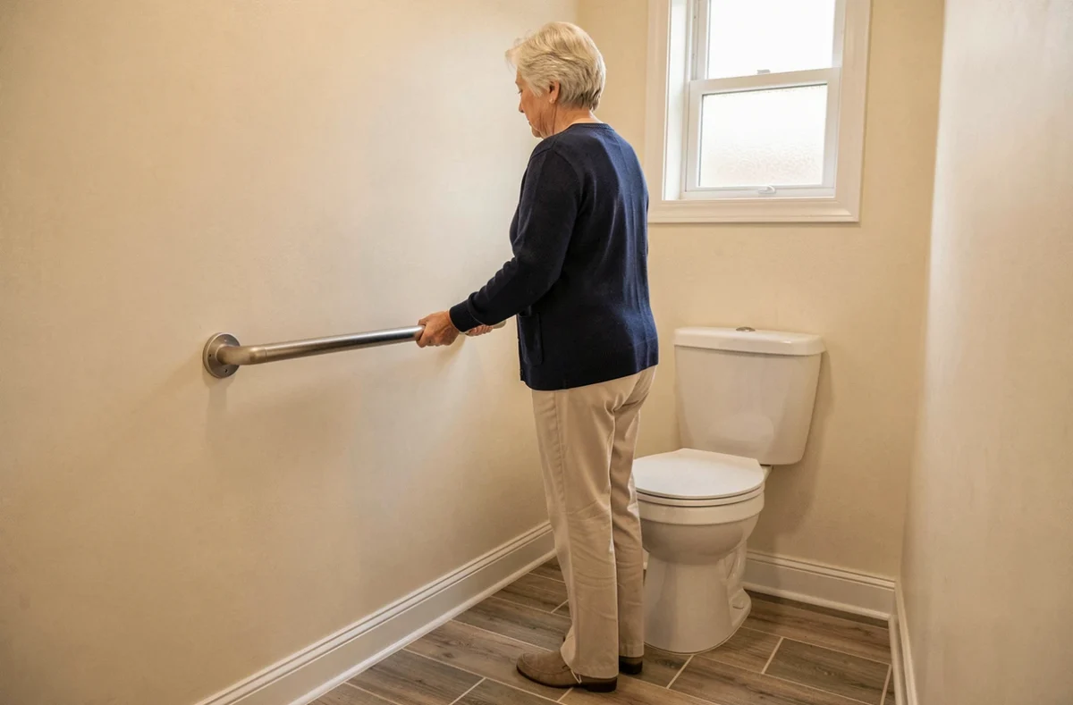Femme âgée utilisant une barre d'appui rabattable à côté des toilettes PMR dans une salle de bain aménagée à domicile