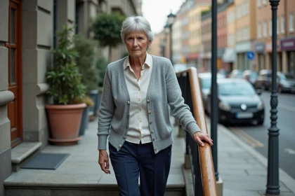 Femme âgée tenant une rampe en descendant des escaliers, illustrant la faiblesse des jambes et la perte d'assurance en marchant