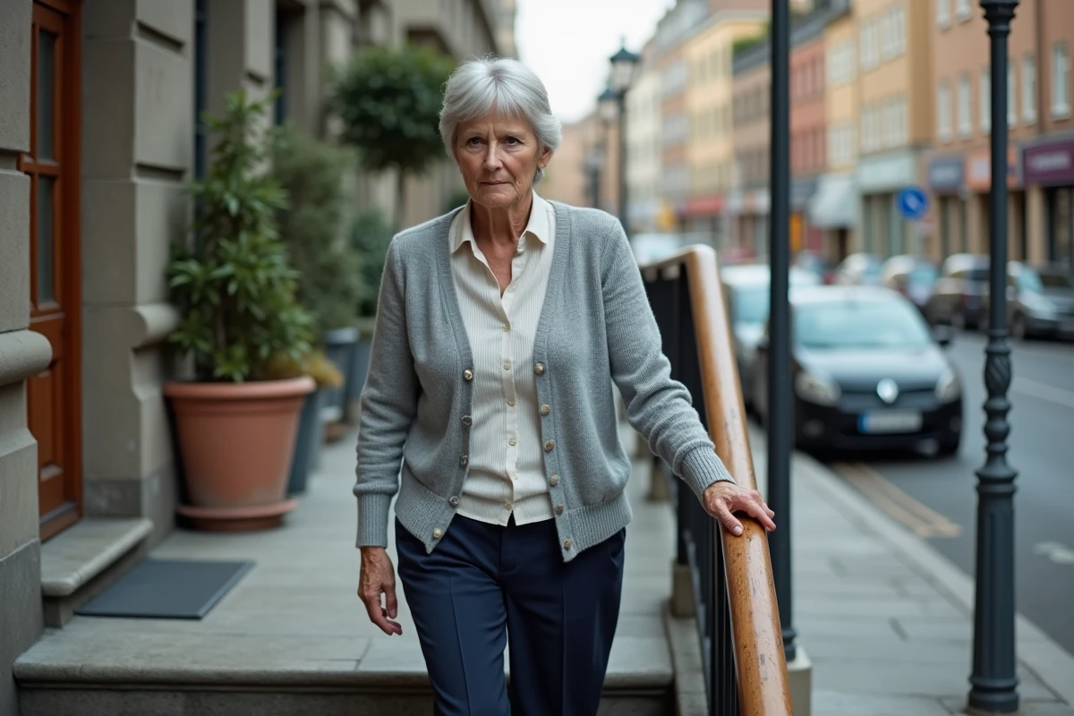Femme âgée tenant une rampe en descendant des escaliers, illustrant la faiblesse des jambes et la perte d'assurance en marchant