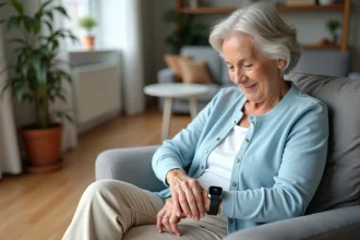 Femme agee regardant sa montre GPS de surveillance