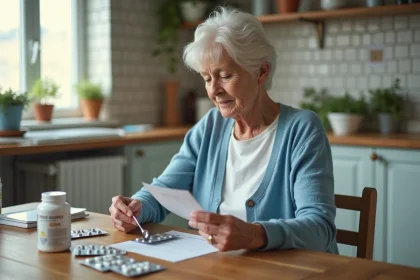 Femme agee examine ses medicaments dans la cuisine chaleureuse