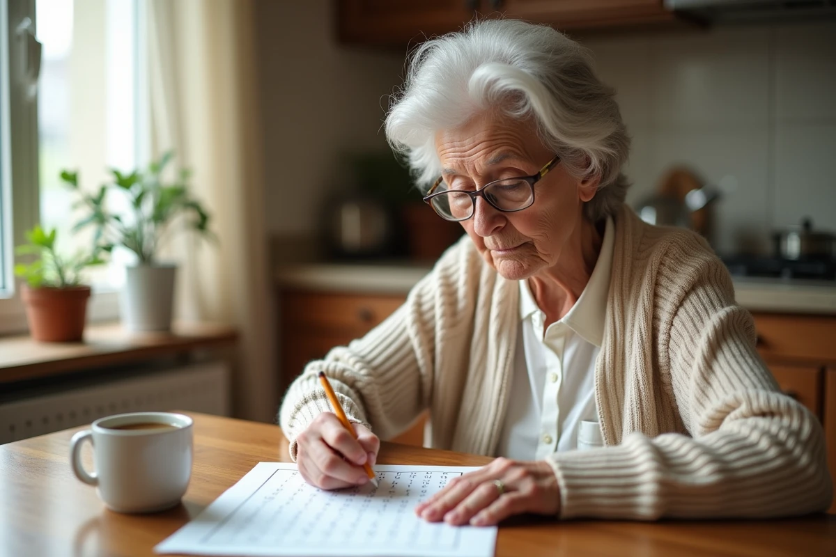 Femme âgée faisant des mots mêlés faciles à la table de cuisine avec une tasse de thé