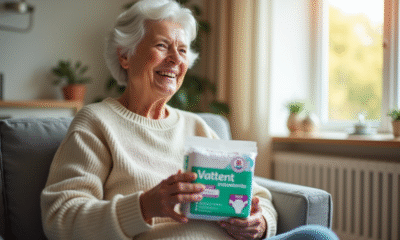 Femme agee souriante tenant des produits d incontinence dans un salon lumineux