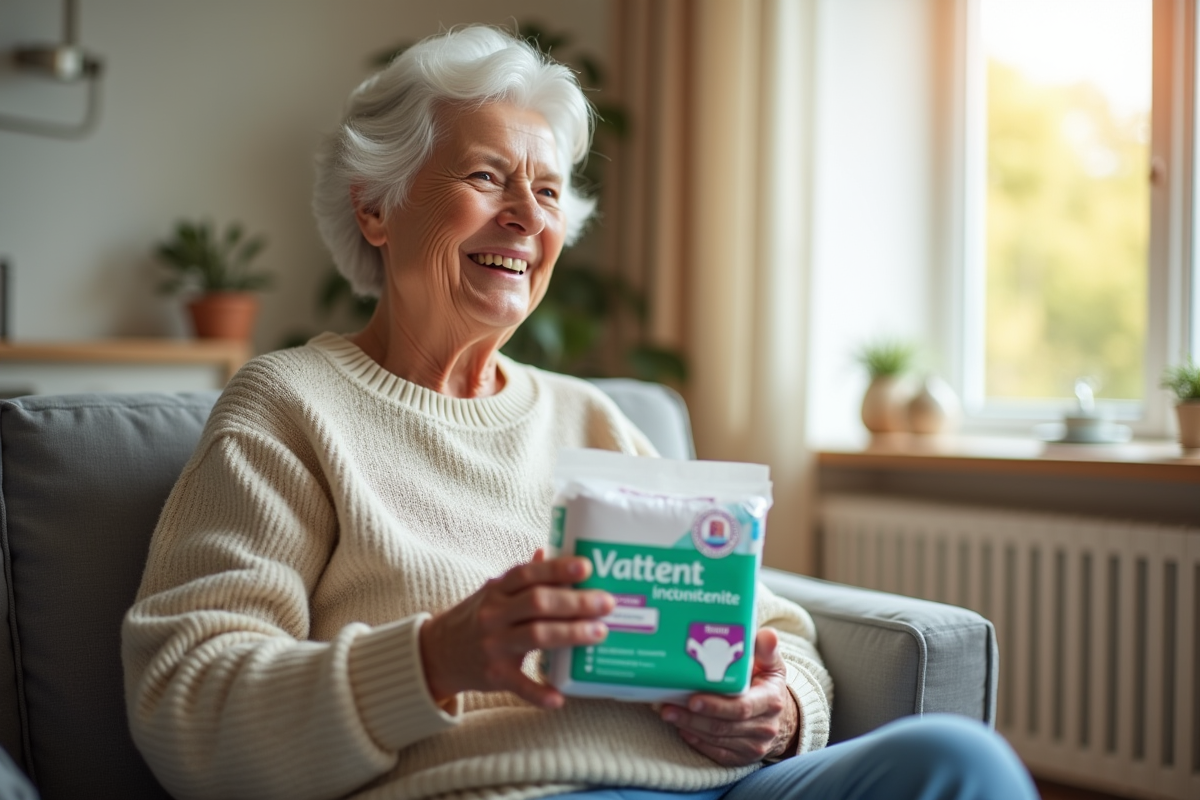 Femme agee souriante tenant des produits d incontinence dans un salon lumineux