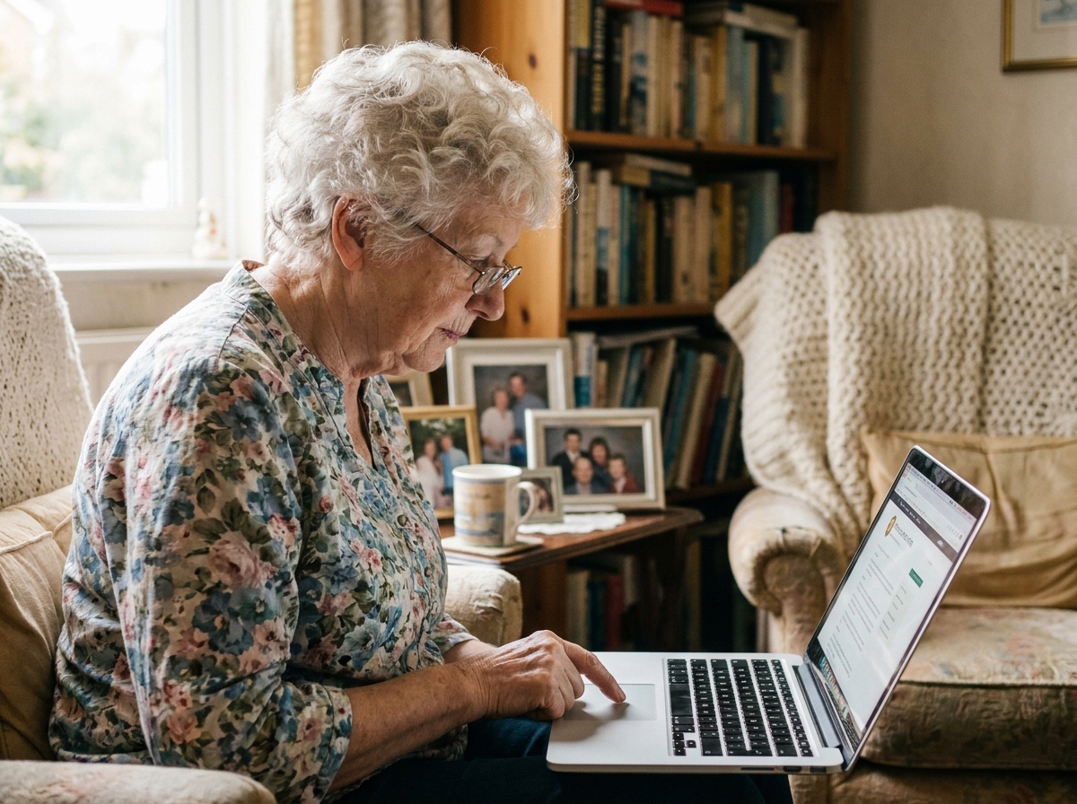 Femme âgée recherchant des aides financières pour seniors sur son ordinateur portable