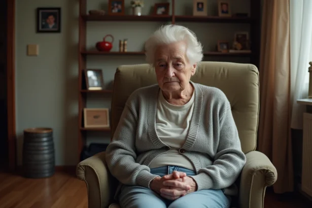 Femme âgée assise dans un fauteuil à son domicile, exprimant un refus face à une décision familiale concernant son placement en EHPAD