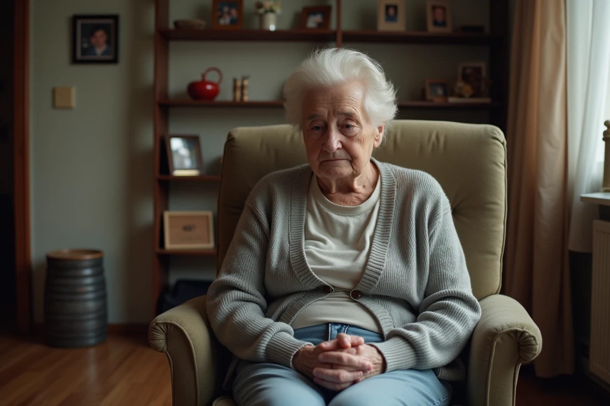 Femme âgée assise dans un fauteuil à son domicile, exprimant un refus face à une décision familiale concernant son placement en EHPAD