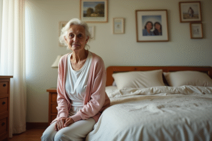 Femme agee assise sur le lit dans une chambre lumineuse