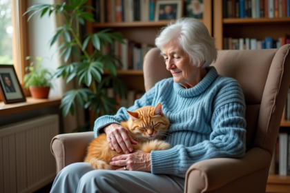 Femme âgée caressant un chat roux sur son fauteuil