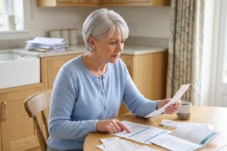 Femme d'environ 60 ans compare des factures dans une cuisine moderne