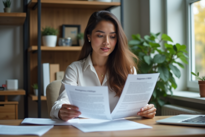 Femme en bureau lisant des documents APA style