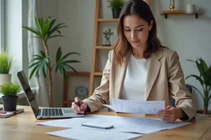 Femme organisée examinant ses relevés bancaires dans un bureau moderne