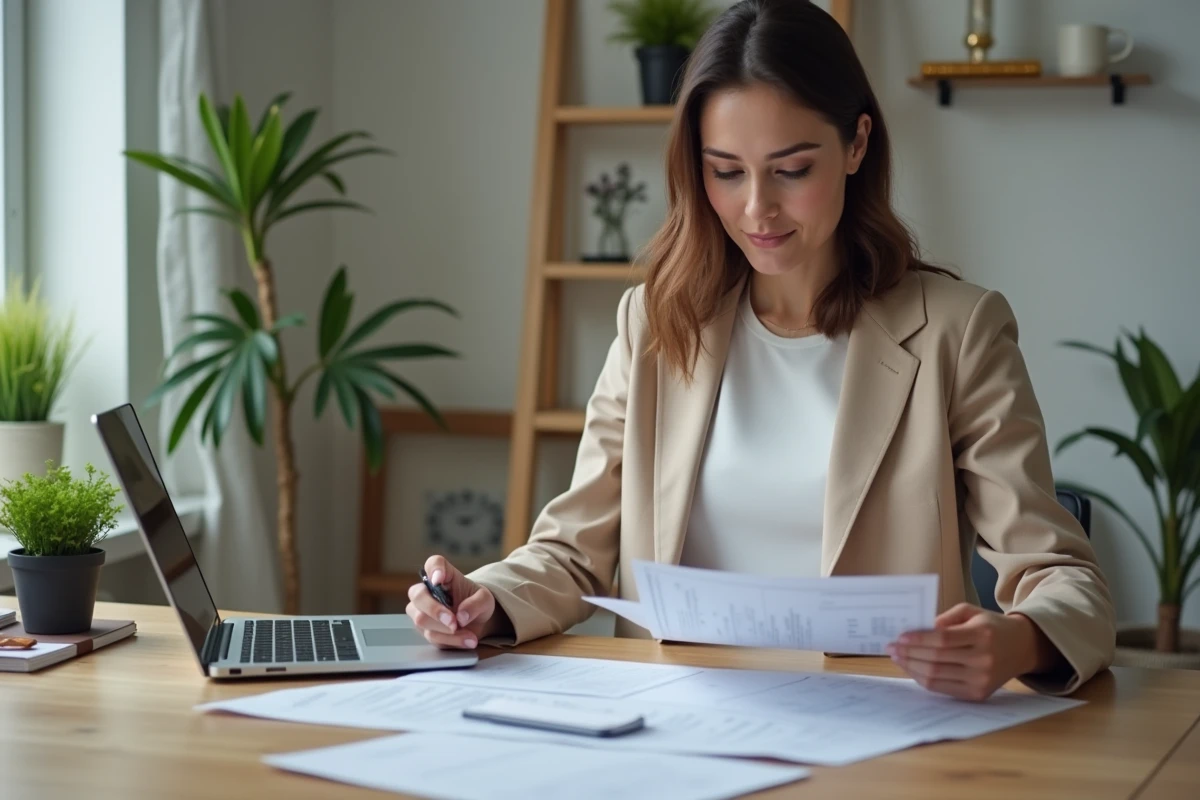 Femme organisée examinant ses relevés bancaires dans un bureau moderne
